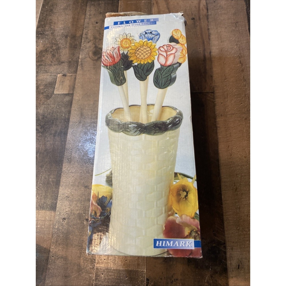 Wooden Cooking‎ Utensil 6 Hand Painted Flower Handle Ceramic Basket Tool Holder - Picture 16 of 16